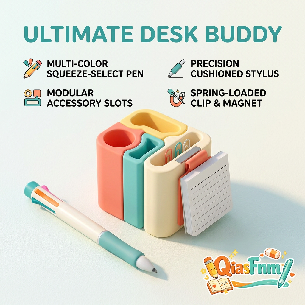 QiasFnm™ Ultimate Desk Buddy - Modular Desktop Organizer and Multi-Color Pen Set | Cute Aesthetic Office Supplies, Cushion Touchscreen Stylus, Magnetic Paper Clip Holder & Note Stand for Home Office, School & Study Desk