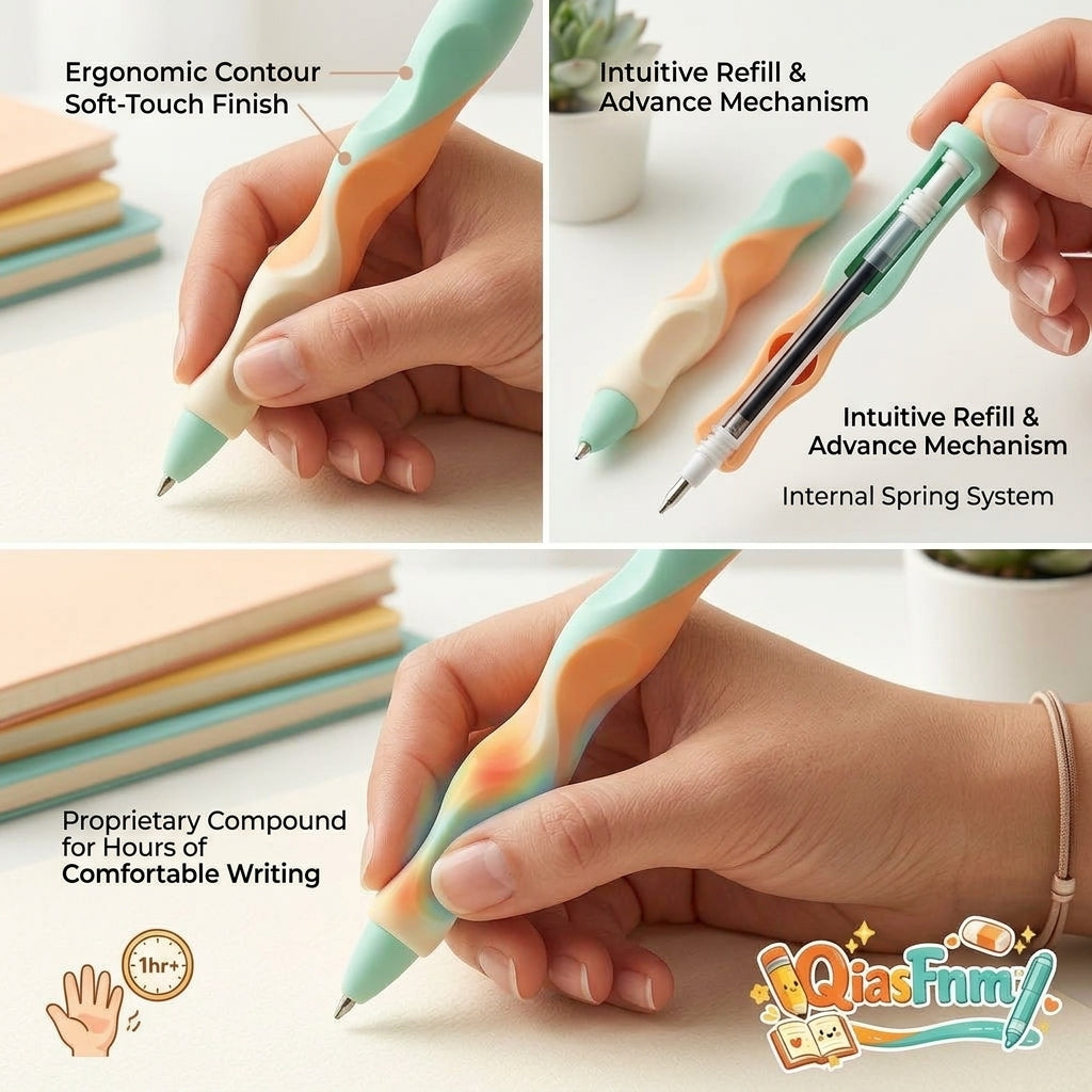 QiasFnm™ Ergonomic Gel Pens, Cute Writing Pens with Multi-Finger Comfort Grip, Retractable Fine Point Black Ink Pens for School, Office, Kids, and Hand Fatigue Relief