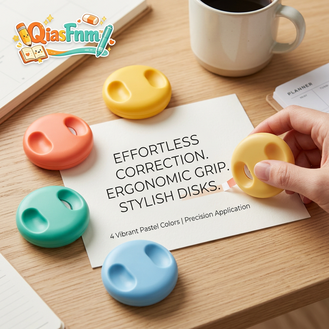 QiasFnm™ 4-Pack Cute Correction Tape, Pastel Round Disk White Out Tape with Ergonomic Grip, Aesthetic Mini Correction Tape for School, Office, Writing, and Journaling, Smooth & Precise Application