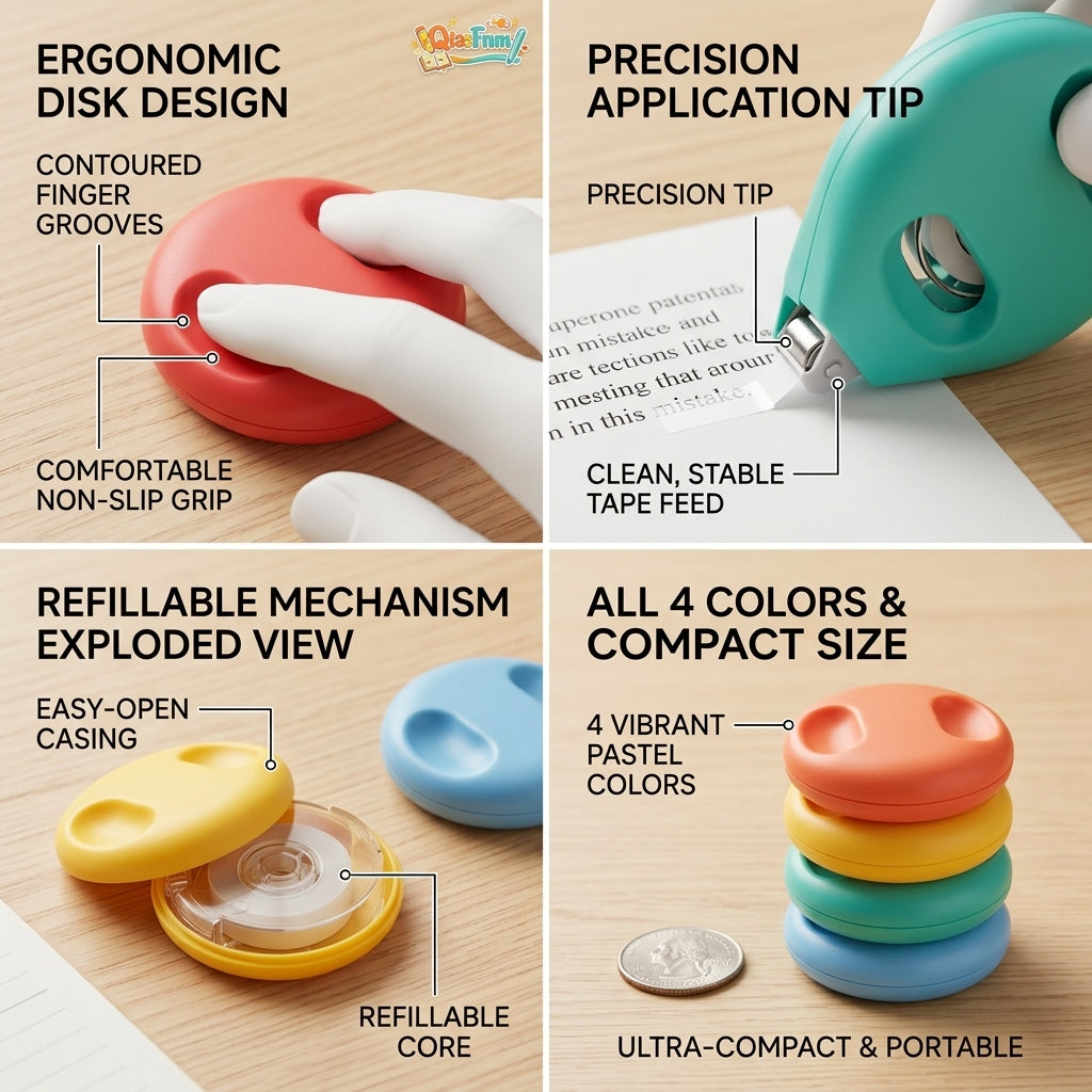 QiasFnm™ 4-Pack Cute Correction Tape, Pastel Round Disk White Out Tape with Ergonomic Grip, Aesthetic Mini Correction Tape for School, Office, Writing, and Journaling, Smooth & Precise Application
