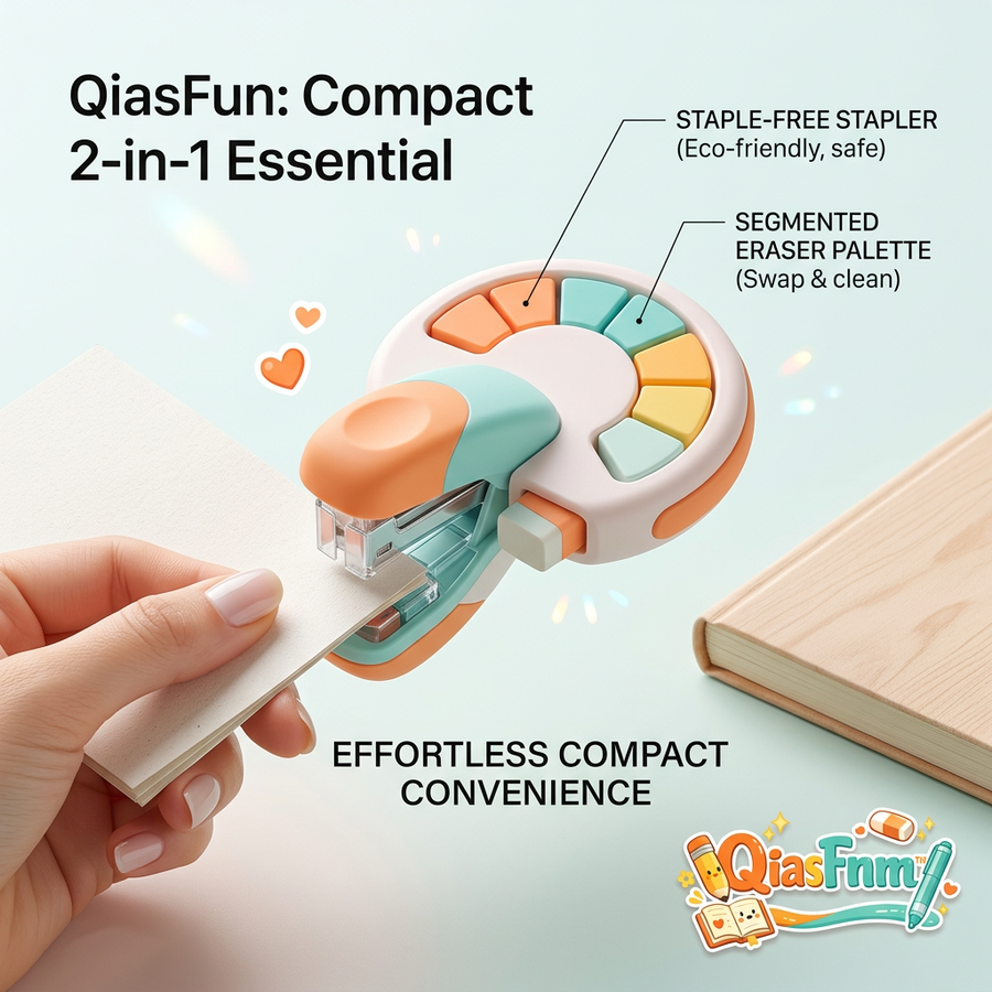 QiasFnm™ 2-in-1 Stapleless Stapler & Eraser Combo, Eco-Friendly Staple-Free Paper Binder with Segmented Swappable Eraser Palette, Cute Compact School Supplies & Desk Accessories for Kids, Students, Office