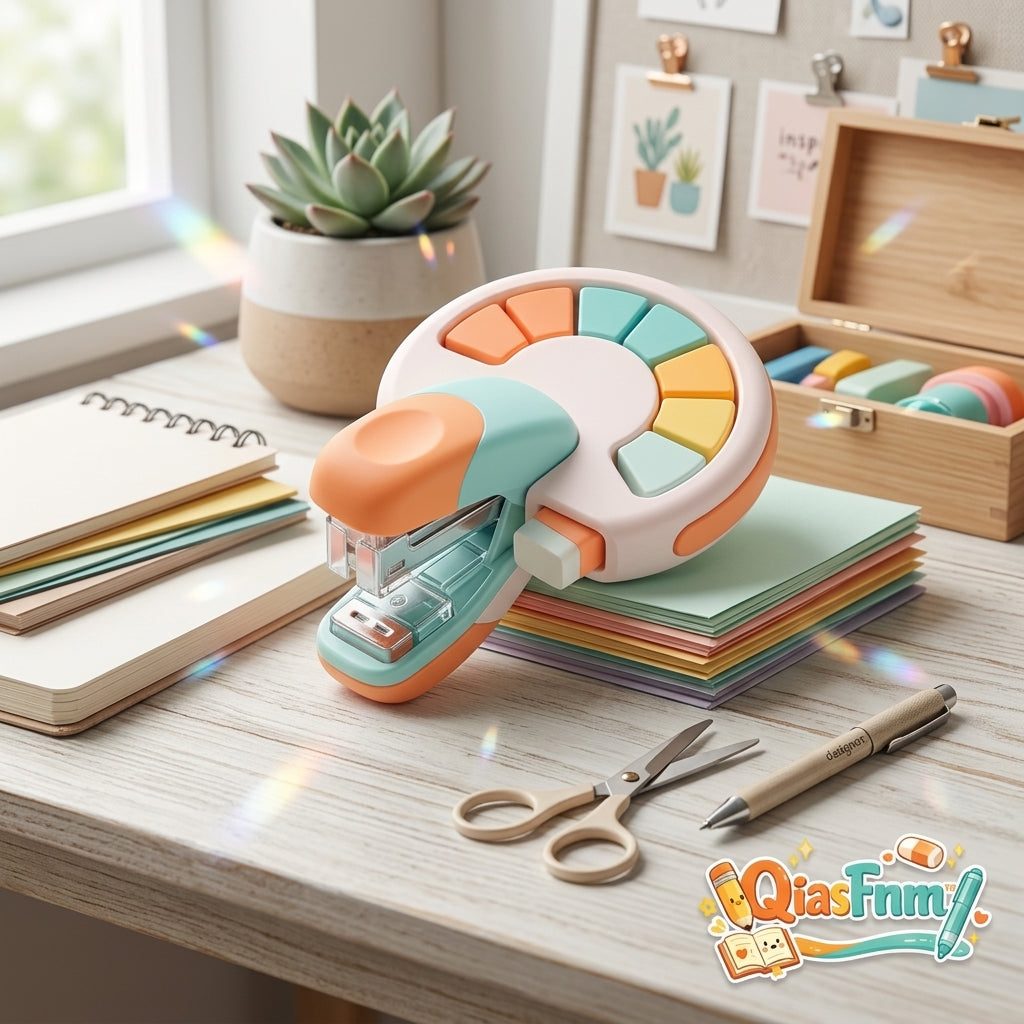 QiasFnm™ 2-in-1 Stapleless Stapler & Eraser Combo, Eco-Friendly Staple-Free Paper Binder with Segmented Swappable Eraser Palette, Cute Compact School Supplies & Desk Accessories for Kids, Students, Office