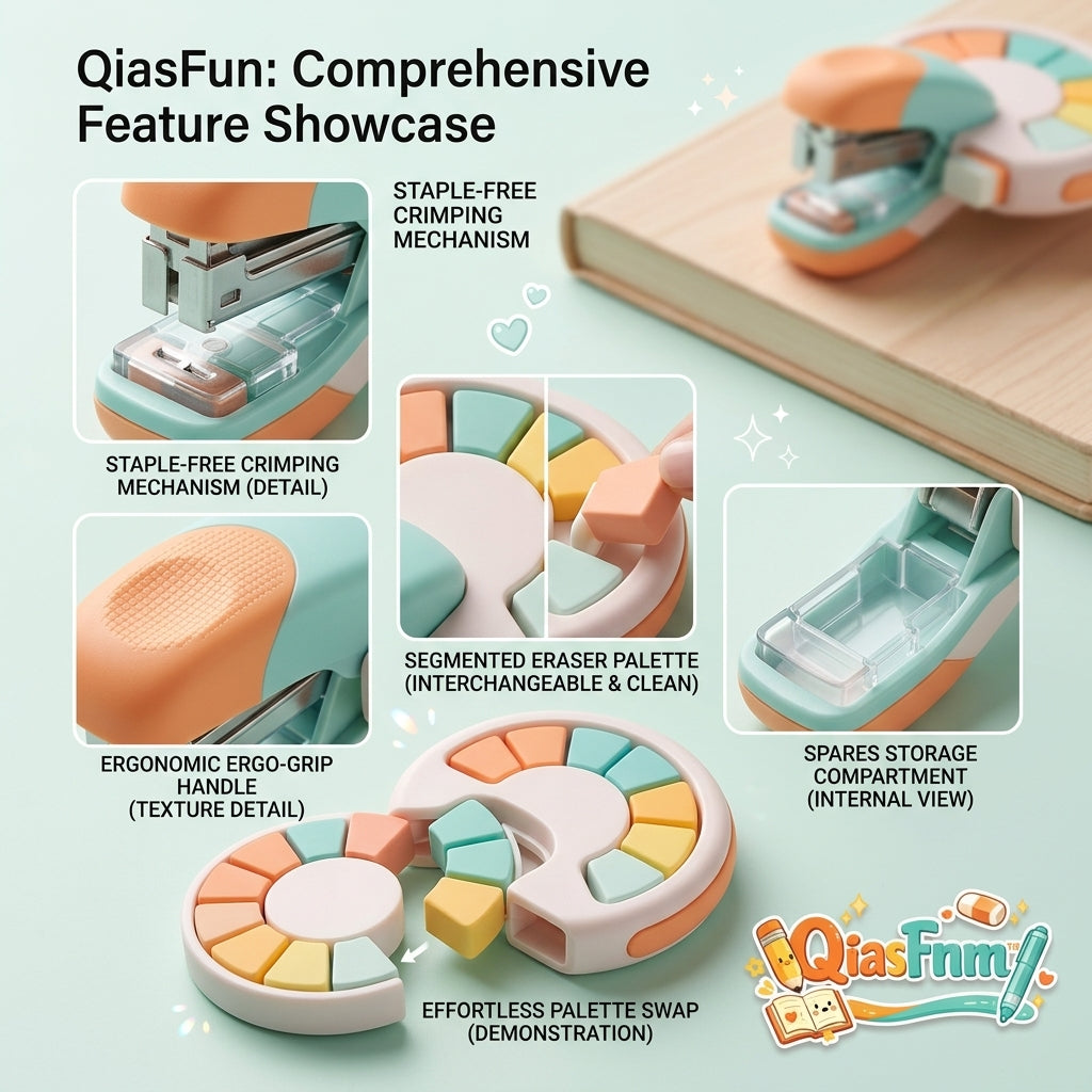 QiasFnm™ 2-in-1 Stapleless Stapler & Eraser Combo, Eco-Friendly Staple-Free Paper Binder with Segmented Swappable Eraser Palette, Cute Compact School Supplies & Desk Accessories for Kids, Students, Office