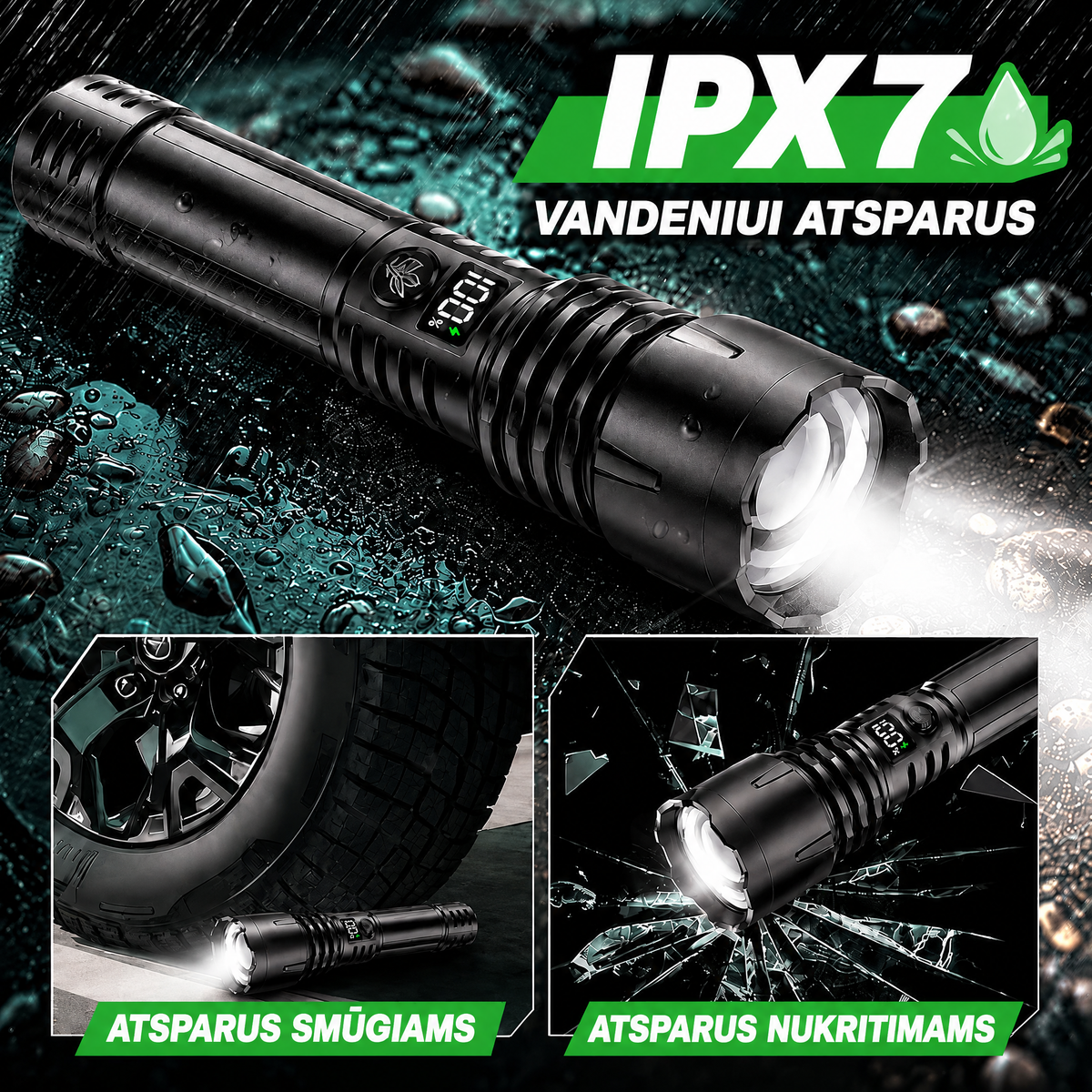 IPX7 atsparumo vandeniui aliumininis žibintuvėlis