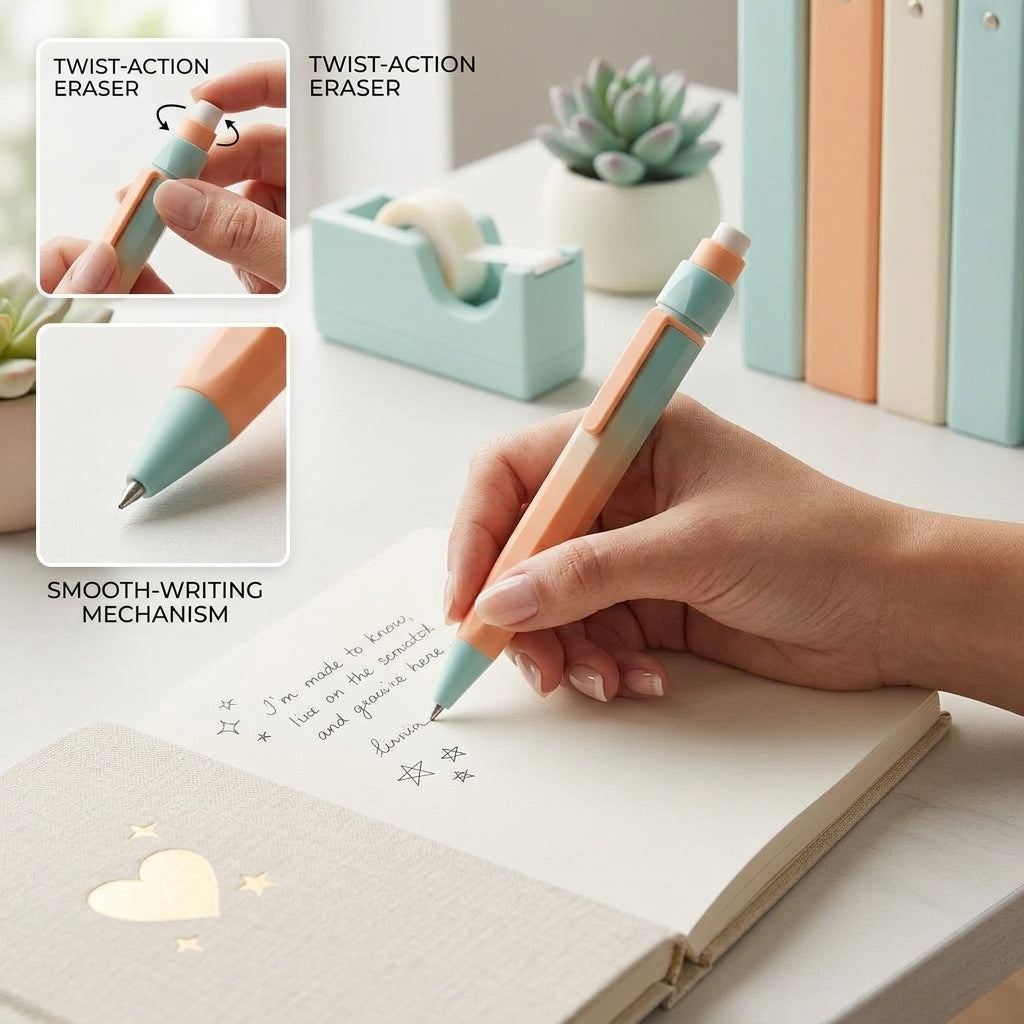 QiasFnm™ Aesthetic Erasable Gel Pen with Twist-Up Eraser | Cute Pastel 2-in-1 Smooth Writing Pen for Journaling, Note-Taking, School & Office Supplies