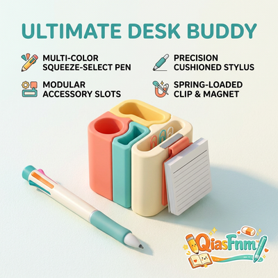 QiasFnm™ Ultimate Desk Buddy - Modular Desktop Organizer and Multi-Color Pen Set | Cute Aesthetic Office Supplies, Cushion Touchscreen Stylus, Magnetic Paper Clip Holder & Note Stand for Home Office, School & Study Desk