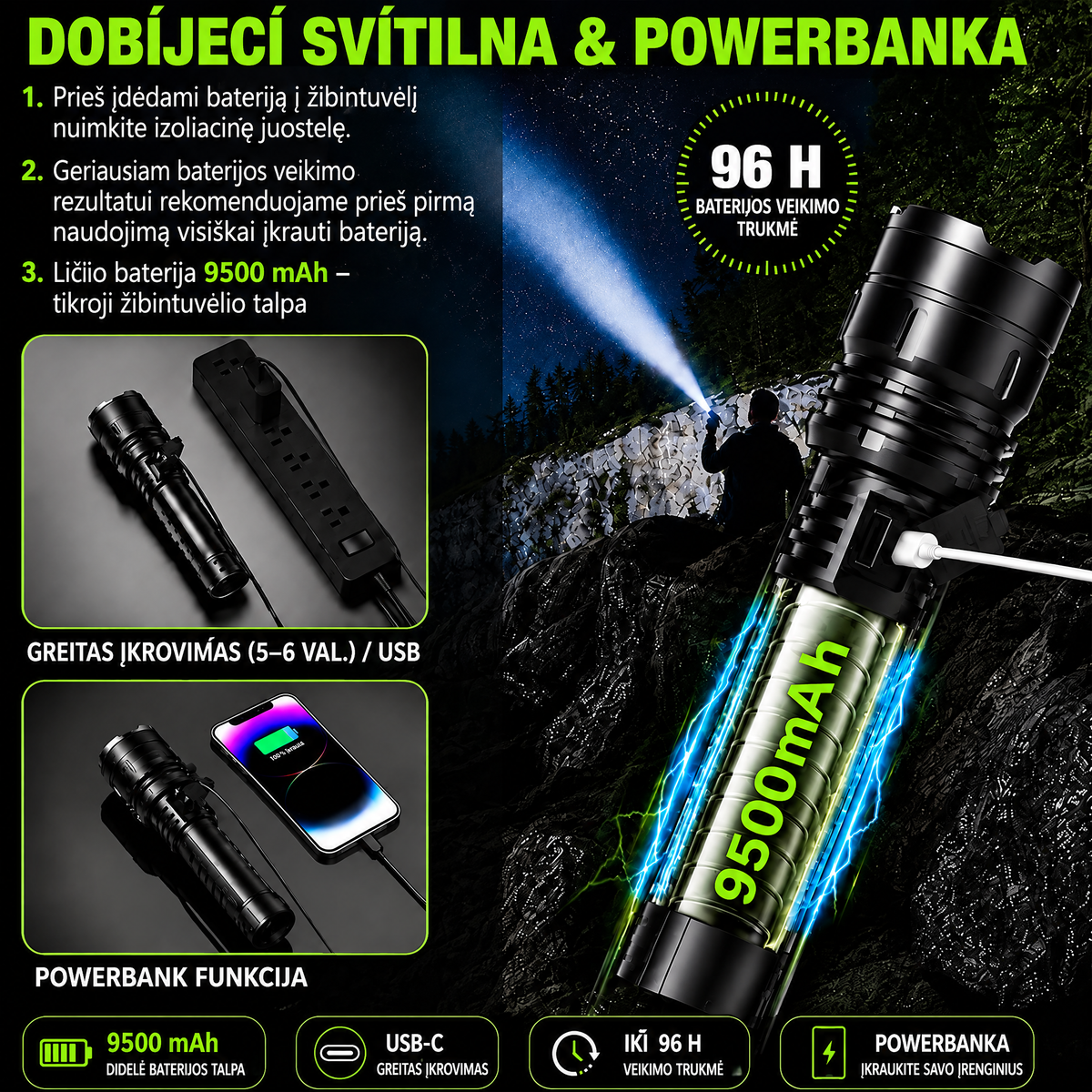 Įkraunamas žibintuvėlis ir avarinė išorinė baterija