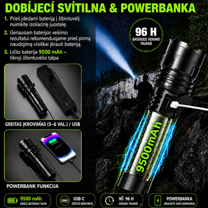 Įkraunamas žibintuvėlis ir avarinė išorinė baterija