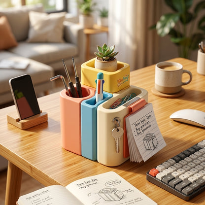 QiasFnm™ Ultimate Desk Buddy - Modular Desktop Organizer and Multi-Color Pen Set | Cute Aesthetic Office Supplies, Cushion Touchscreen Stylus, Magnetic Paper Clip Holder & Note Stand for Home Office, School & Study Desk