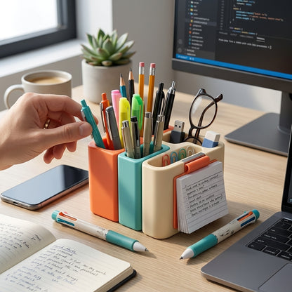 QiasFnm™ Ultimate Desk Buddy - Modular Desktop Organizer and Multi-Color Pen Set | Cute Aesthetic Office Supplies, Cushion Touchscreen Stylus, Magnetic Paper Clip Holder & Note Stand for Home Office, School & Study Desk