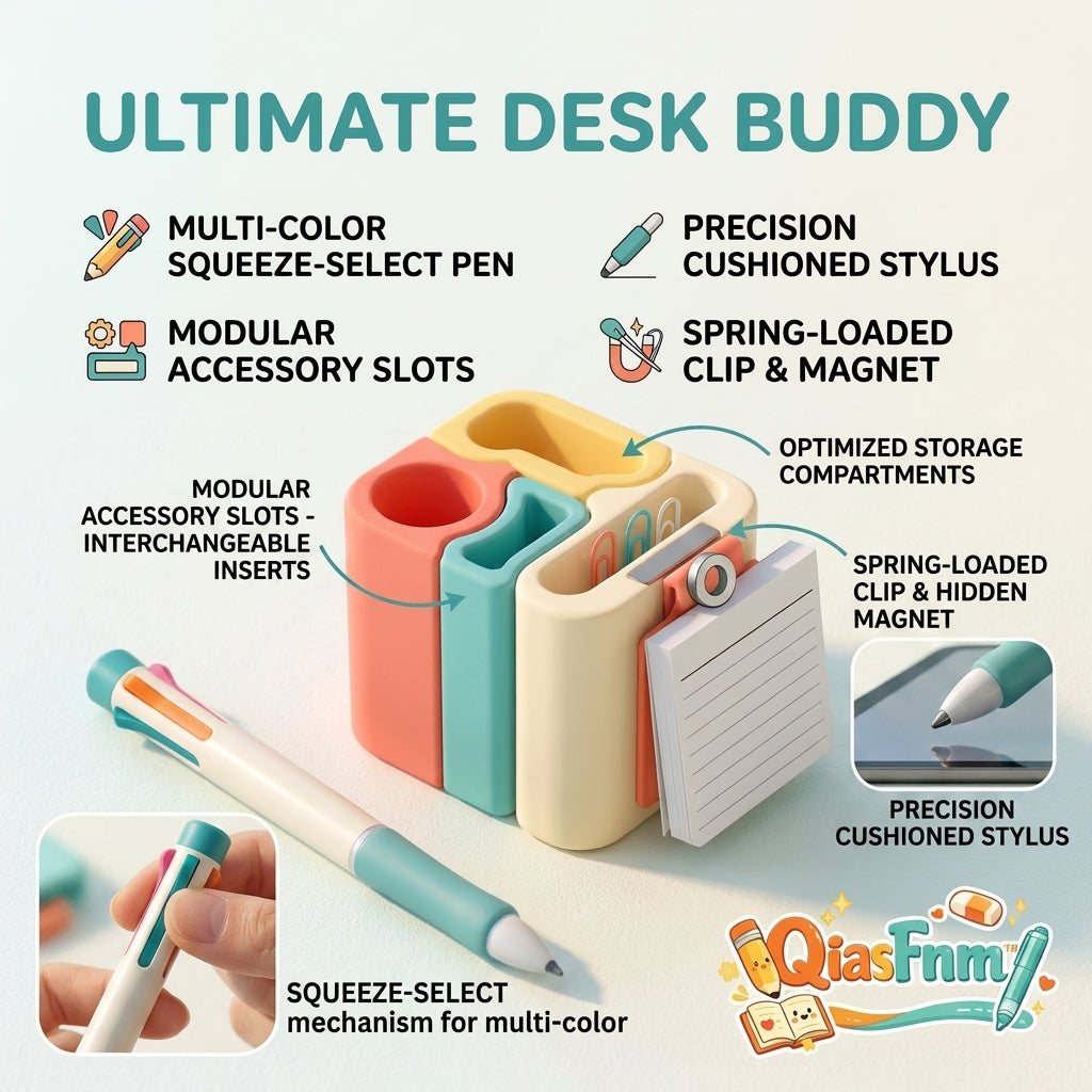QiasFnm™ Ultimate Desk Buddy - Modular Desktop Organizer and Multi-Color Pen Set | Cute Aesthetic Office Supplies, Cushion Touchscreen Stylus, Magnetic Paper Clip Holder & Note Stand for Home Office, School & Study Desk