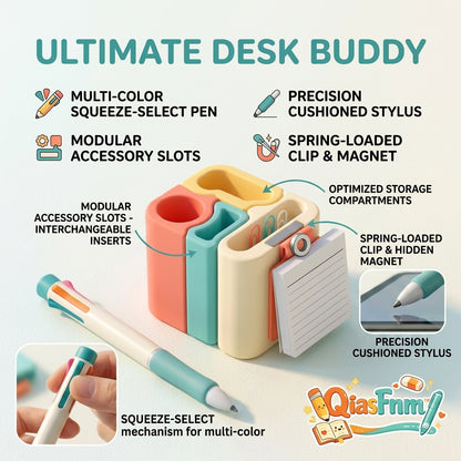QiasFnm™ Ultimate Desk Buddy - Modular Desktop Organizer and Multi-Color Pen Set | Cute Aesthetic Office Supplies, Cushion Touchscreen Stylus, Magnetic Paper Clip Holder & Note Stand for Home Office, School & Study Desk