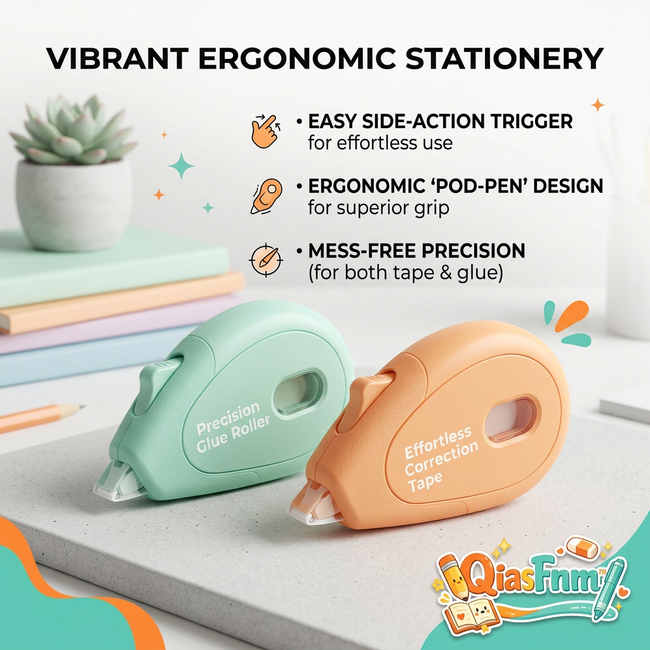 QiasFnm™ 2-in-1 Ergonomic Correction Tape & Glue Roller Set | Side-Action Trigger White Out Tape & Double-Sided Adhesive Tape Runner | Mess-Free Pastel Stationery for School, Office, Scrapbooking & Journaling