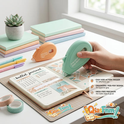 QiasFnm™ 2-in-1 Ergonomic Correction Tape & Glue Roller Set | Side-Action Trigger White Out Tape & Double-Sided Adhesive Tape Runner | Mess-Free Pastel Stationery for School, Office, Scrapbooking & Journaling
