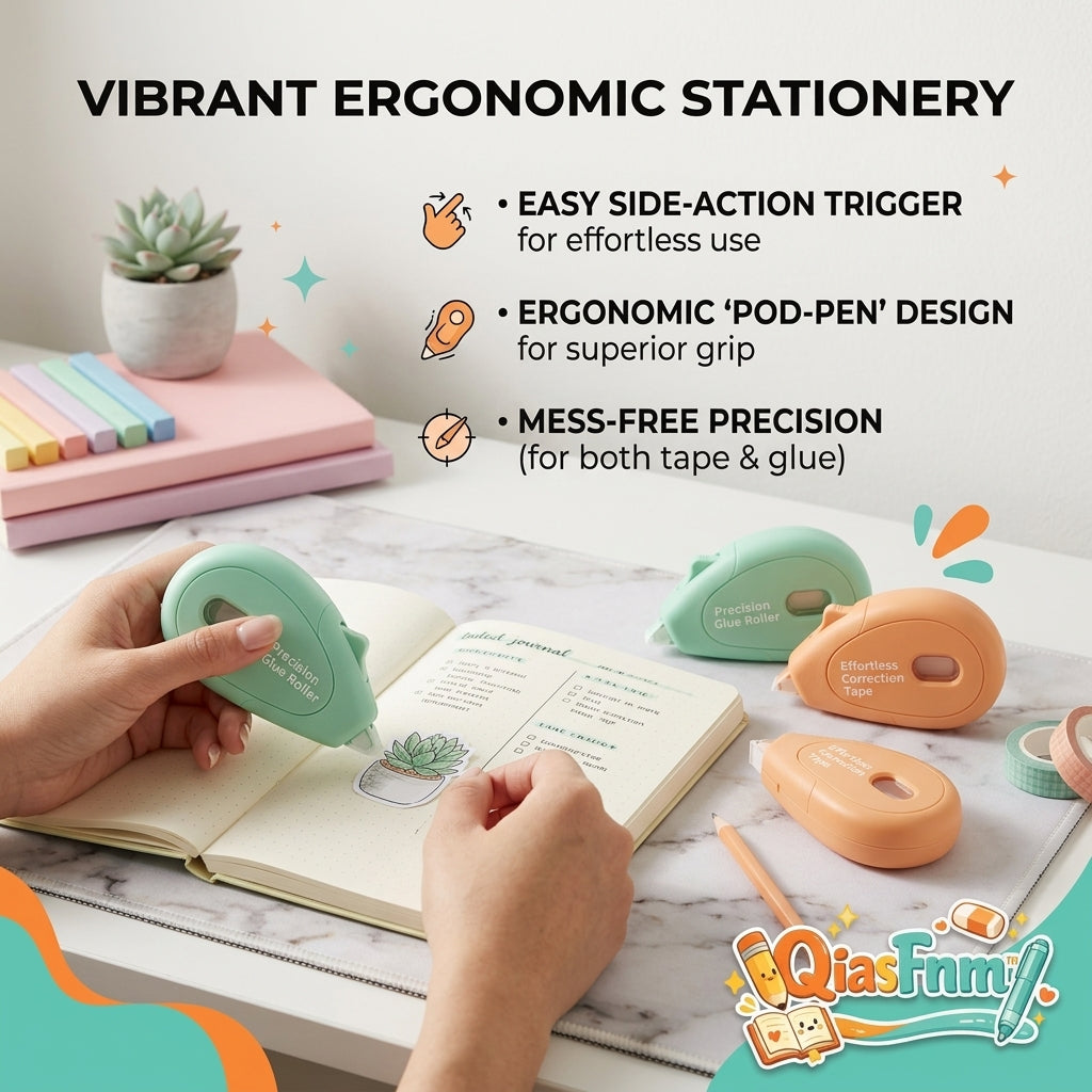 QiasFnm™ 2-in-1 Ergonomic Correction Tape & Glue Roller Set | Side-Action Trigger White Out Tape & Double-Sided Adhesive Tape Runner | Mess-Free Pastel Stationery for School, Office, Scrapbooking & Journaling