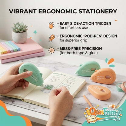 QiasFnm™ 2-in-1 Ergonomic Correction Tape & Glue Roller Set | Side-Action Trigger White Out Tape & Double-Sided Adhesive Tape Runner | Mess-Free Pastel Stationery for School, Office, Scrapbooking & Journaling