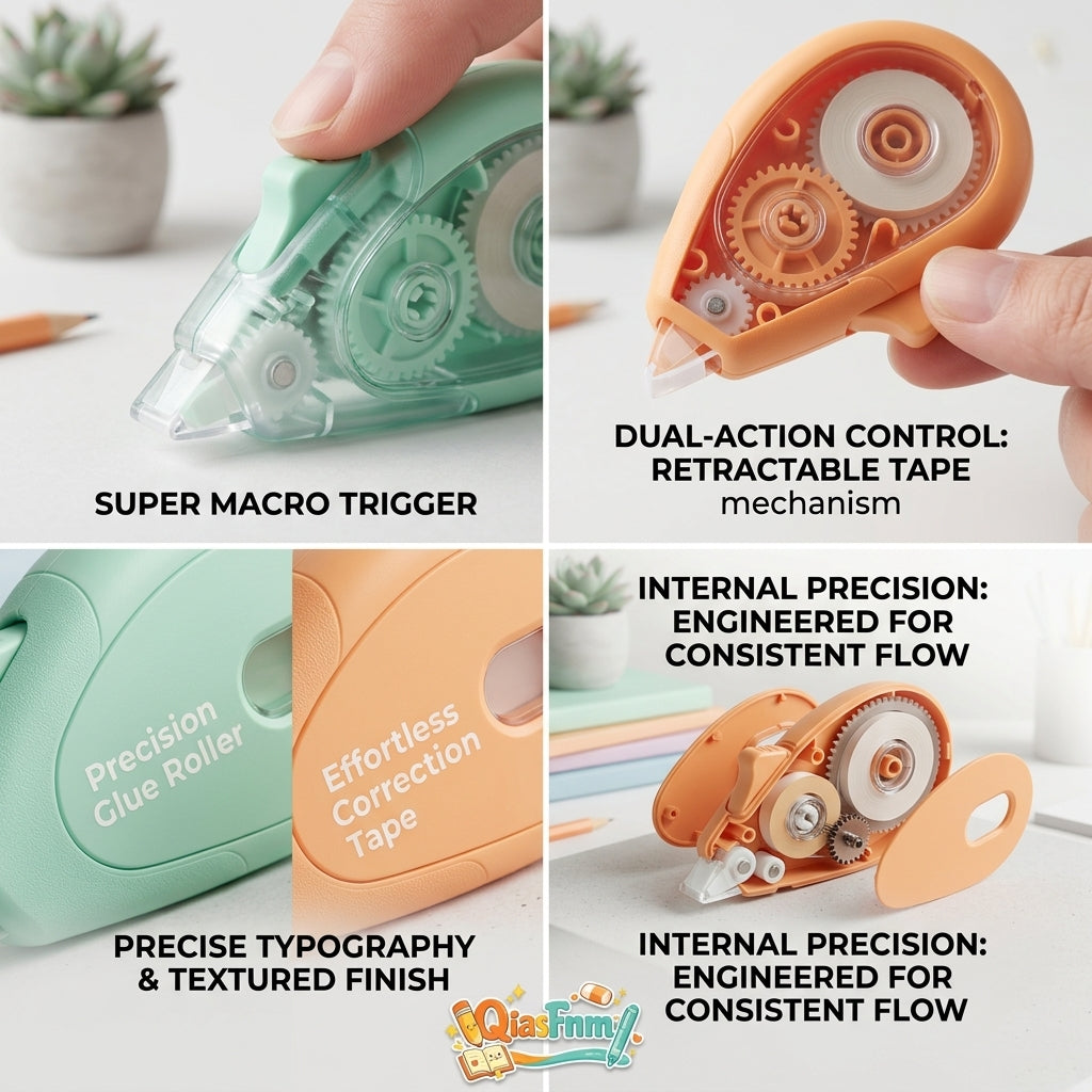 QiasFnm™ 2-in-1 Ergonomic Correction Tape & Glue Roller Set | Side-Action Trigger White Out Tape & Double-Sided Adhesive Tape Runner | Mess-Free Pastel Stationery for School, Office, Scrapbooking & Journaling