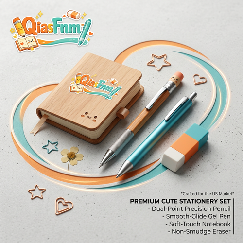 QiasFnm™ Premium Cute Stationery Set - Aesthetic Wooden Journal Notebook, Precision Mechanical Pencil, Smooth Gel Pen & Eraser Kit | Kawaii School Supplies & Office Gift Set for Kids, Teens, and Journaling Enthusiasts
