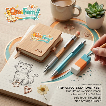 QiasFnm™ Premium Cute Stationery Set - Aesthetic Wooden Journal Notebook, Precision Mechanical Pencil, Smooth Gel Pen & Eraser Kit | Kawaii School Supplies & Office Gift Set for Kids, Teens, and Journaling Enthusiasts