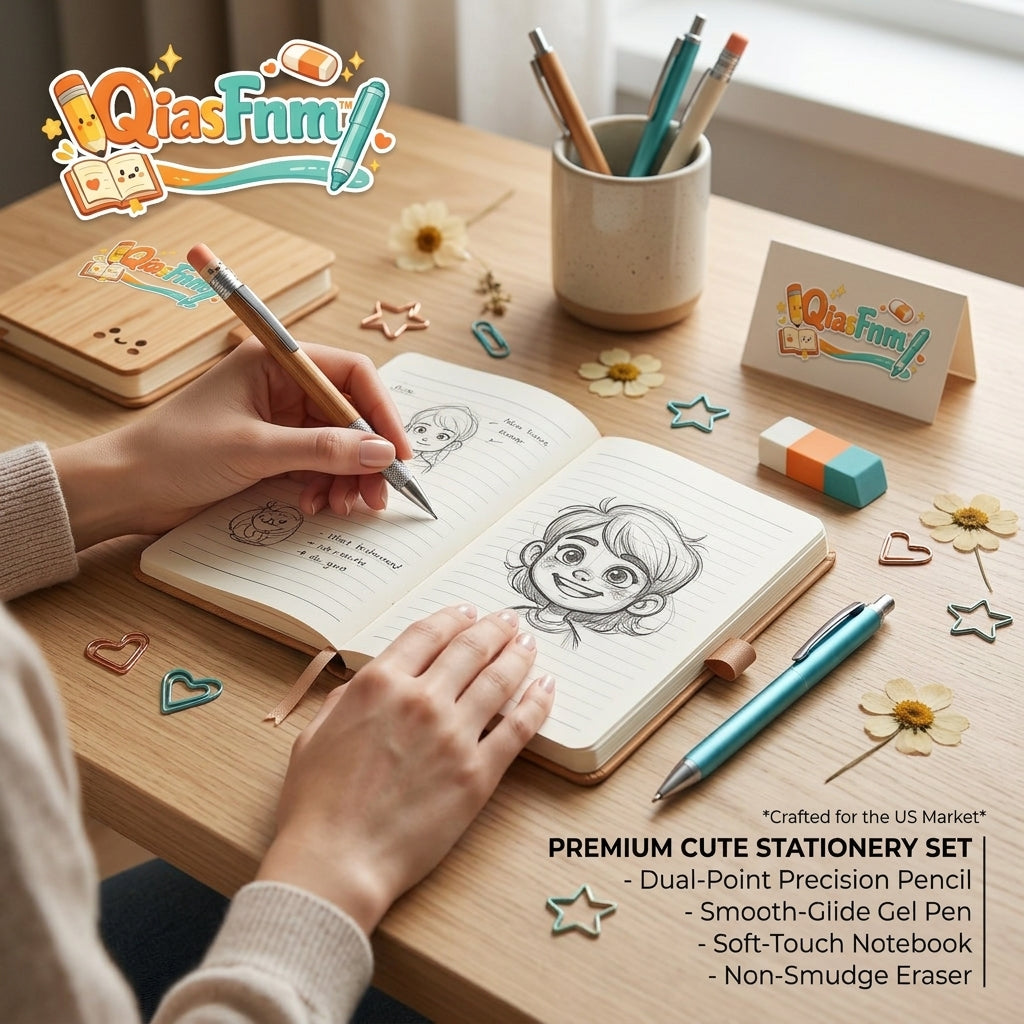 QiasFnm™ Premium Cute Stationery Set - Aesthetic Wooden Journal Notebook, Precision Mechanical Pencil, Smooth Gel Pen & Eraser Kit | Kawaii School Supplies & Office Gift Set for Kids, Teens, and Journaling Enthusiasts