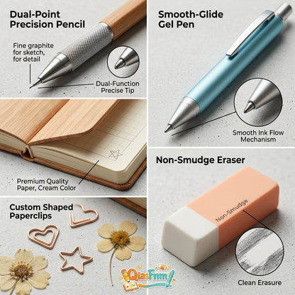 QiasFnm™ Premium Cute Stationery Set - Aesthetic Wooden Journal Notebook, Precision Mechanical Pencil, Smooth Gel Pen & Eraser Kit | Kawaii School Supplies & Office Gift Set for Kids, Teens, and Journaling Enthusiasts