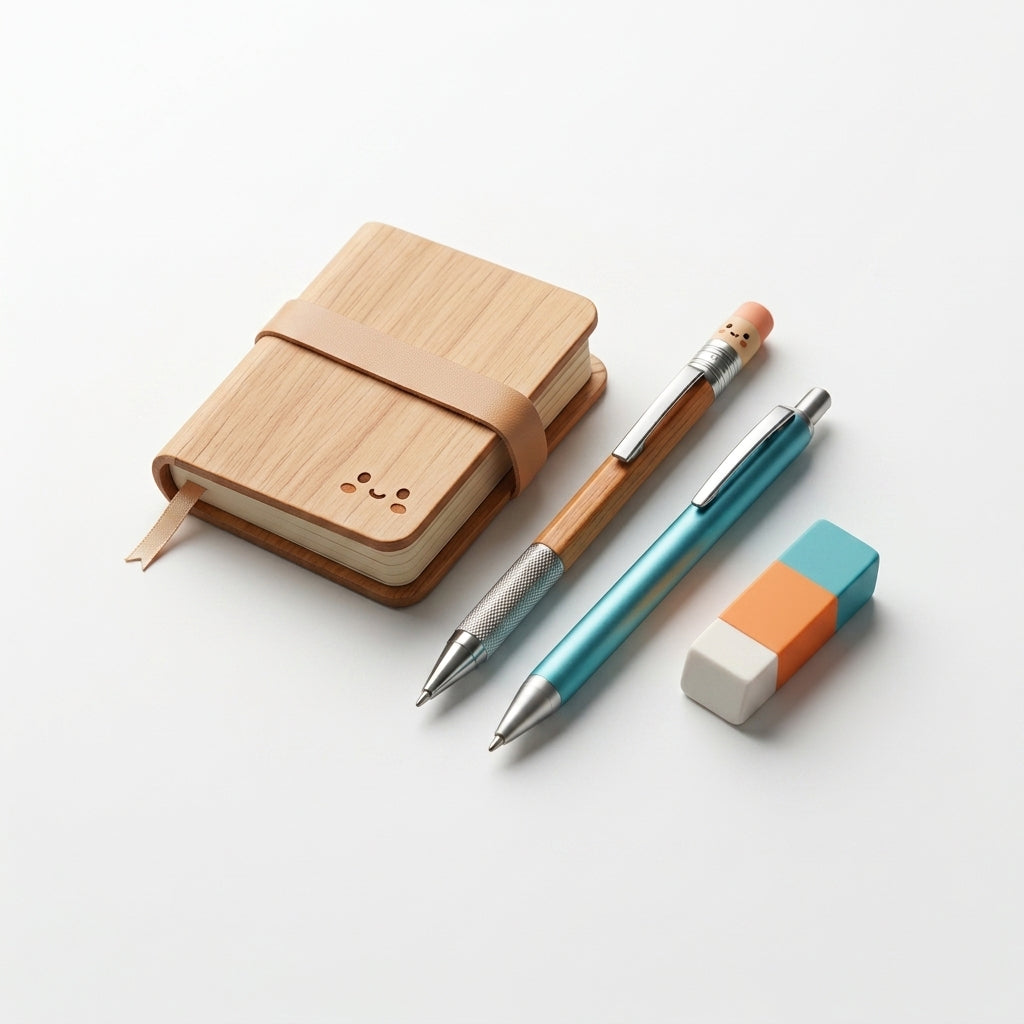QiasFnm™ Premium Cute Stationery Set - Aesthetic Wooden Journal Notebook, Precision Mechanical Pencil, Smooth Gel Pen & Eraser Kit | Kawaii School Supplies & Office Gift Set for Kids, Teens, and Journaling Enthusiasts