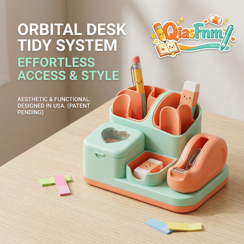 QiasFnm™ Cute Desk Organizer with Tape Dispenser - Aesthetic Kawaii Stationery Holder & Pencil Cup, Modular Desktop Storage Box for Sticky Notes, Paperclips, Pens, School & Office Supplies for Girls, Kids, Adults