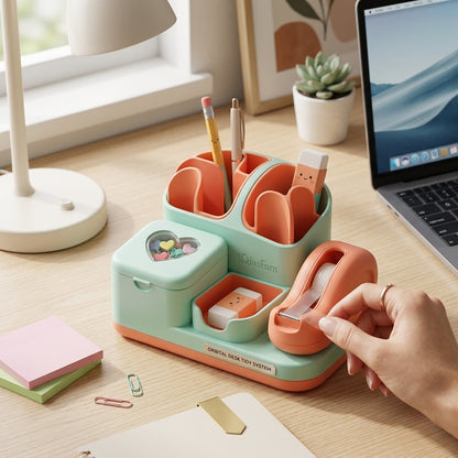 QiasFnm™ Cute Desk Organizer with Tape Dispenser - Aesthetic Kawaii Stationery Holder & Pencil Cup, Modular Desktop Storage Box for Sticky Notes, Paperclips, Pens, School & Office Supplies for Girls, Kids, Adults