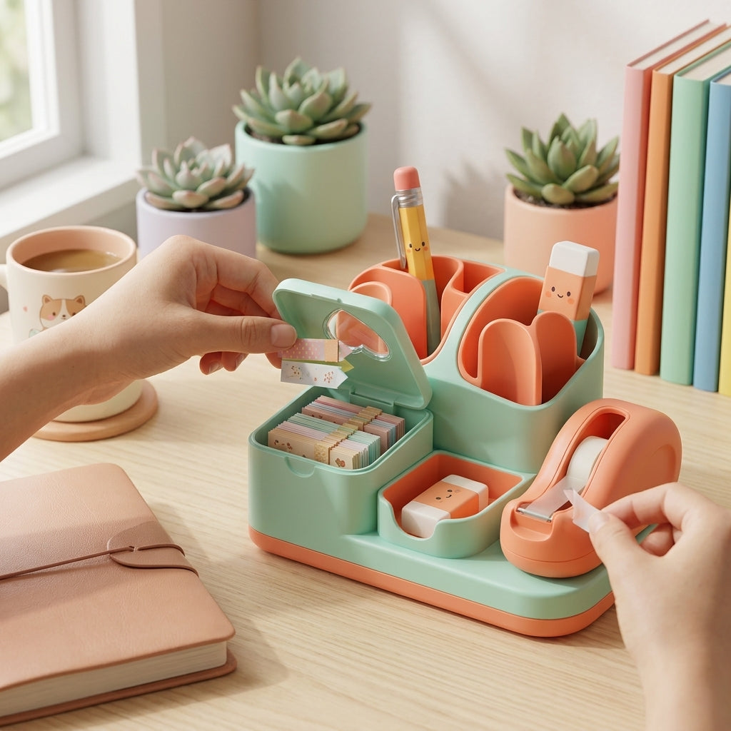 QiasFnm™ Cute Desk Organizer with Tape Dispenser - Aesthetic Kawaii Stationery Holder & Pencil Cup, Modular Desktop Storage Box for Sticky Notes, Paperclips, Pens, School & Office Supplies for Girls, Kids, Adults