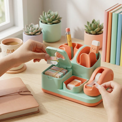 QiasFnm™ Cute Desk Organizer with Tape Dispenser - Aesthetic Kawaii Stationery Holder & Pencil Cup, Modular Desktop Storage Box for Sticky Notes, Paperclips, Pens, School & Office Supplies for Girls, Kids, Adults