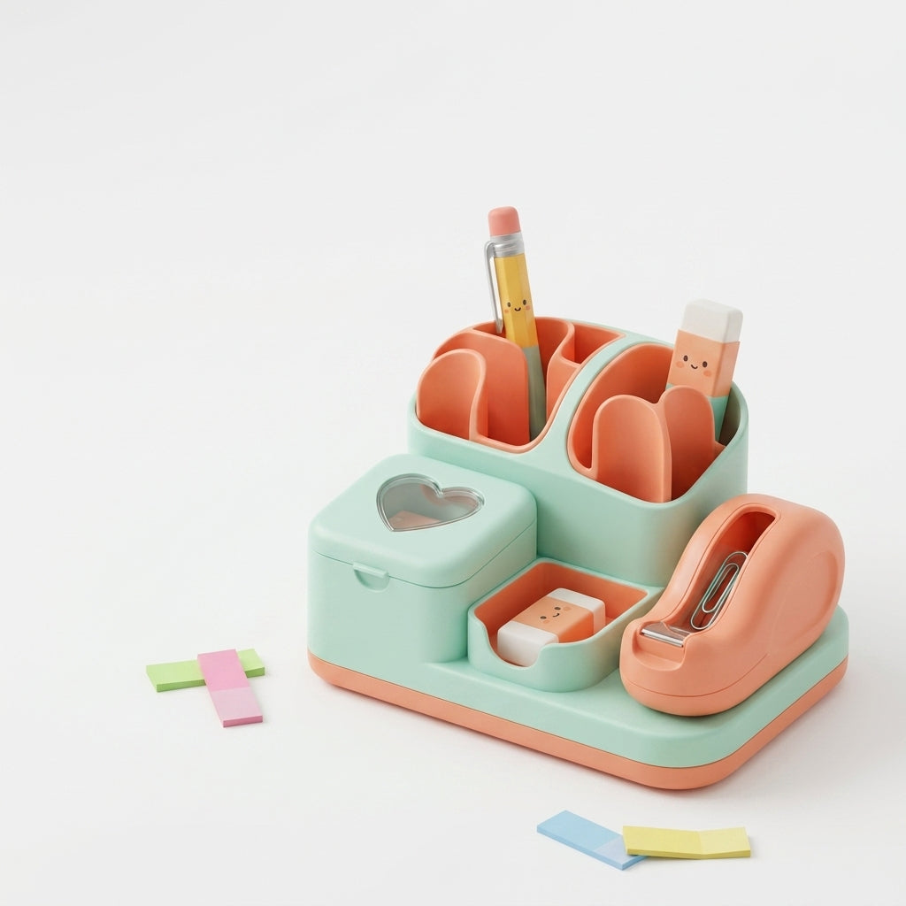 QiasFnm™ Cute Desk Organizer with Tape Dispenser - Aesthetic Kawaii Stationery Holder & Pencil Cup, Modular Desktop Storage Box for Sticky Notes, Paperclips, Pens, School & Office Supplies for Girls, Kids, Adults