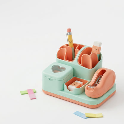 QiasFnm™ Cute Desk Organizer with Tape Dispenser - Aesthetic Kawaii Stationery Holder & Pencil Cup, Modular Desktop Storage Box for Sticky Notes, Paperclips, Pens, School & Office Supplies for Girls, Kids, Adults