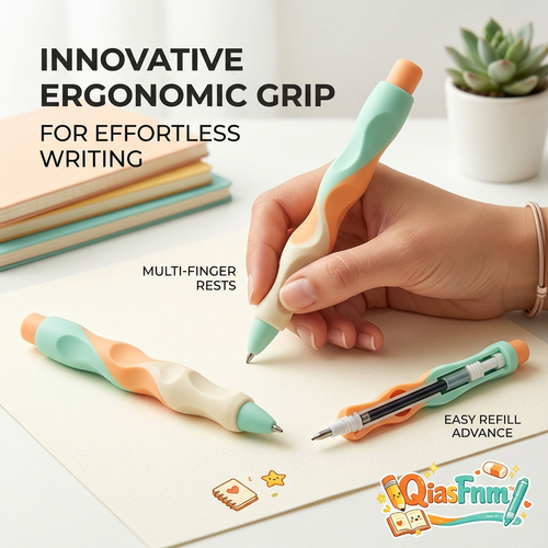 QiasFnm™ Ergonomic Gel Pens, Cute Writing Pens with Multi-Finger Comfort Grip, Retractable Fine Point Black Ink Pens for School, Office, Kids, and Hand Fatigue Relief